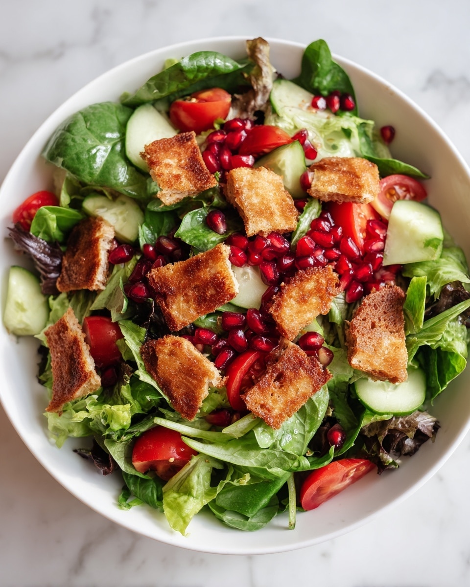 The image shows a fresh salad in a white bowl on a white marbled surface. The bottom layer consists of mixed green leaves, including spinach and romaine lettuce. Scattered within the greens are slices of red tomatoes and light green cucumber. On top of this, bright red pomegranate seeds are spread evenly, adding a shiny and juicy look. The final layer features several pieces of crispy, golden-brown toasted pita bread, broken into irregular shapes and placed mostly in the center of the salad. The textures range from soft leaves to juicy seeds and crunchy bread pieces, all creating a vibrant and colorful dish photo taken with an iphone --ar 4:5 --v 7