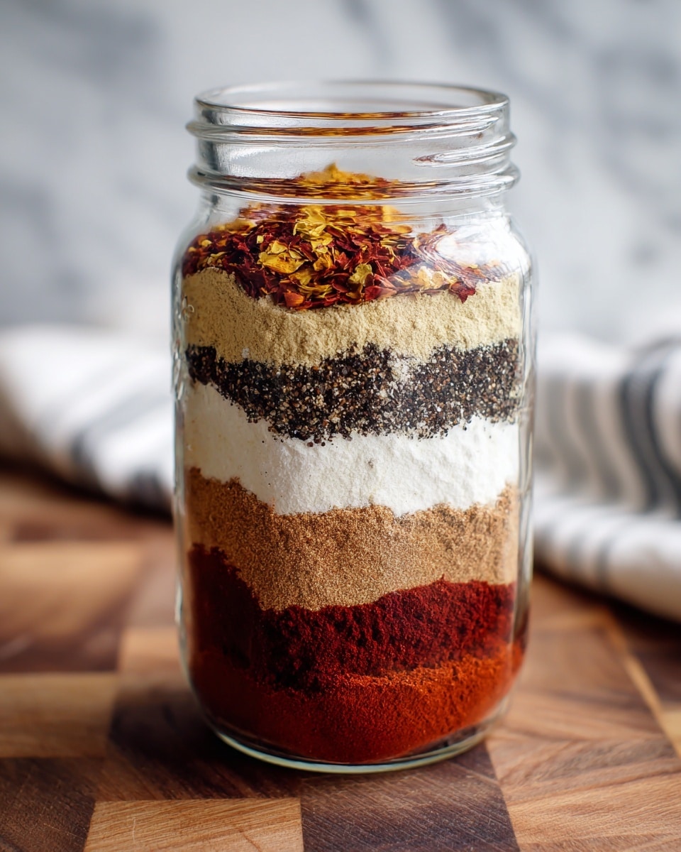 A clear glass mason jar filled with seven visible layers of spices, each layer with different colors and textures. The bottom layer is a deep red powder, smooth and dense, followed by a light brown layer with a finer texture. Above it is a bright white layer, contrasting sharply with the one below. Next is a coarse black and white speckled layer, followed by another dark red powder layer. The second top layer is a pale beige powder, and the topmost layer is a mix of crushed red flakes with small bits of yellow and brown. The jar sits on a wooden surface with a white marbled background and a white cloth with gray stripes visible in the back. photo taken with an iphone --ar 4:5 --v 7