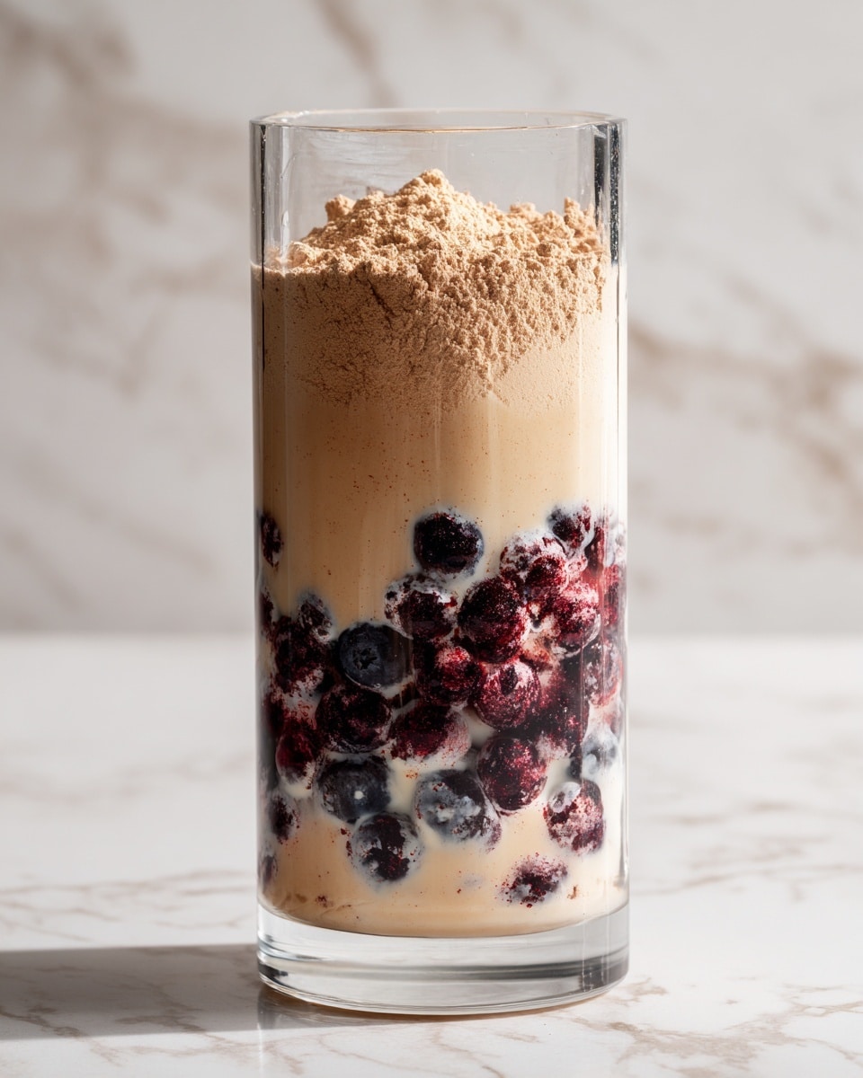 A clear tall blender cup filled with three visible layers: the bottom and middle layers show a creamy white liquid with dark round berries scattered inside, and the top layer is a light tan powder sitting loosely on the creamy layer beneath; the cup is placed on a white marbled surface with a soft, bright background. photo taken with an iphone --ar 4:5 --v 7