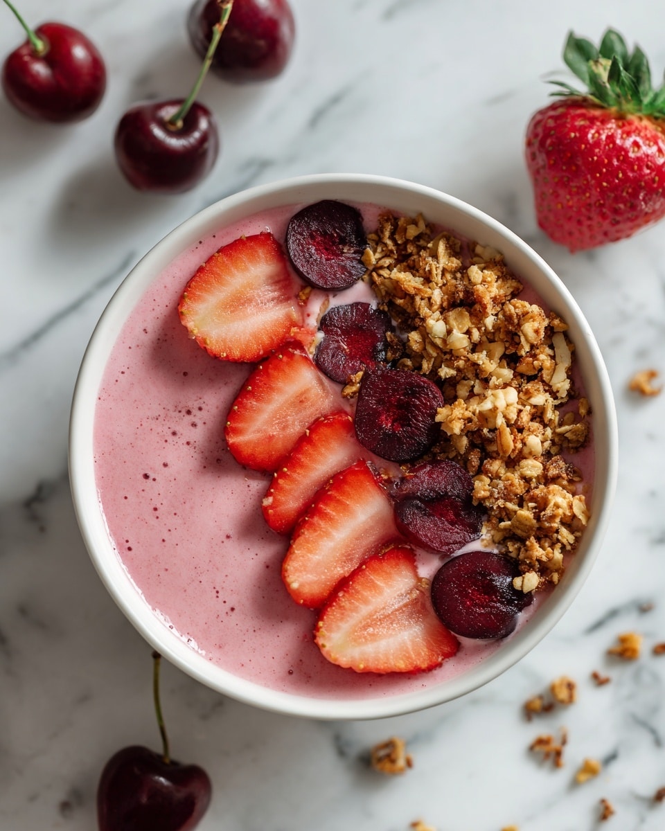 A white bowl filled with a smooth pink smoothie base topped with layers of sliced bright red strawberries and dark red cherry halves, arranged mostly on one side, and a line of golden-brown granola pieces on the opposite side, all set on a white marbled surface with a few whole cherries and a large strawberry nearby in soft focus, photo taken with an iphone --ar 4:5 --v 7