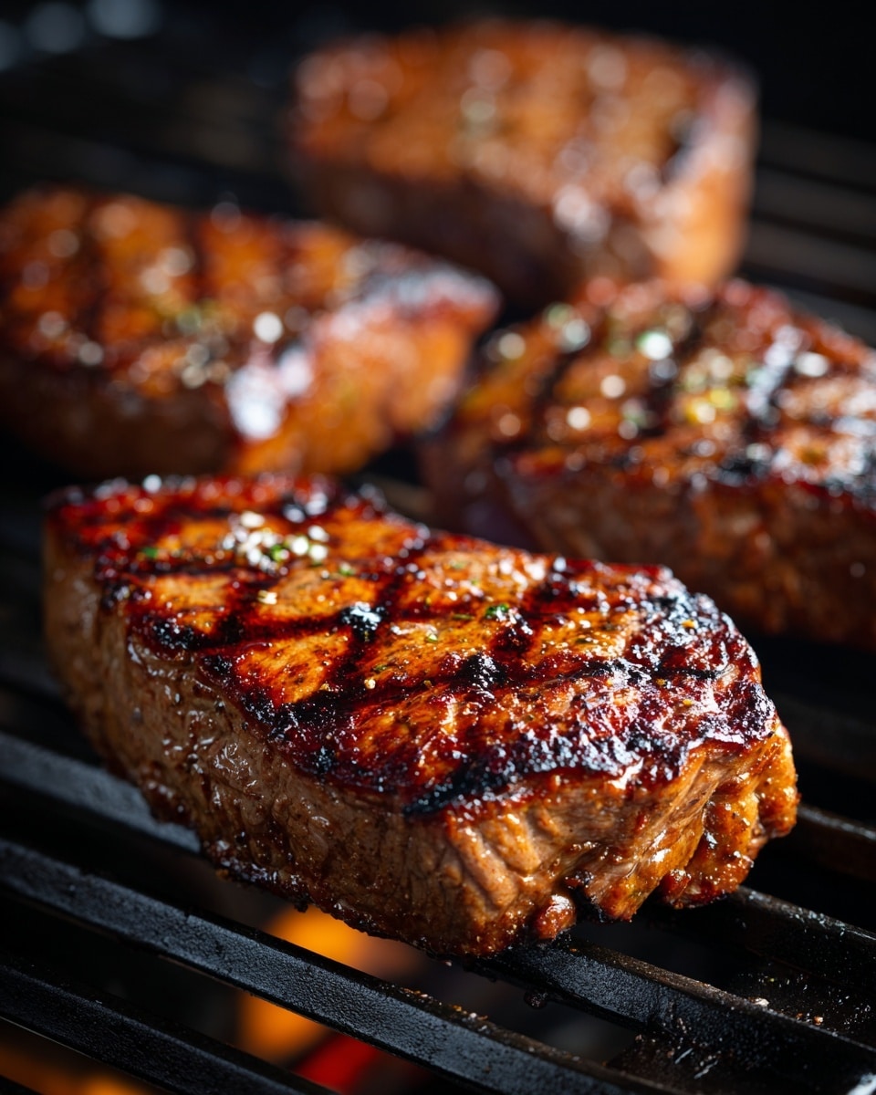 Four pieces of thick grilled meat with a rich brown color and clear dark grill marks lie on a black grill rack. The meat has a slightly shiny, juicy texture with some charred edges, showing a warm orange-brown tone. The grill bars run horizontally across, creating a striped pattern on the meat's surface. The background is dark, making the cooked pieces stand out vividly. photo taken with an iphone --ar 4:5 --v 7