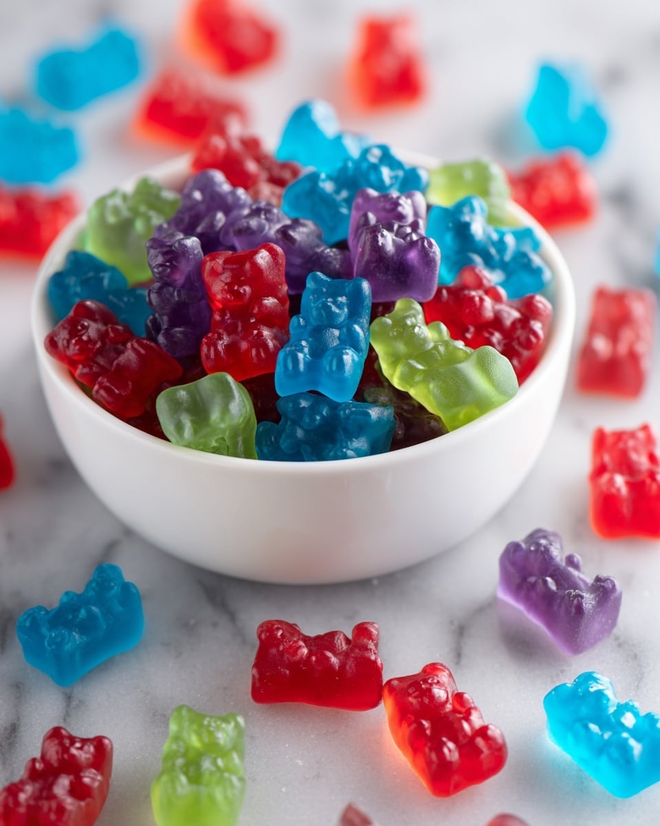 A close-up view of a full white bowl on a white marbled surface with small gummy candies shaped like bears in bright colors. The gummies come in four colors: blue, red, green, and purple, all mixed evenly. Some gummy bears are also scattered loosely around the bowl on the surface. The candies have a smooth, slightly shiny texture, and the bowl is rounded and filled to the top with these colorful bears. The whole setting has soft natural light that highlights the bright colors of the candies photo taken with an iphone --ar 4:5 --v 7