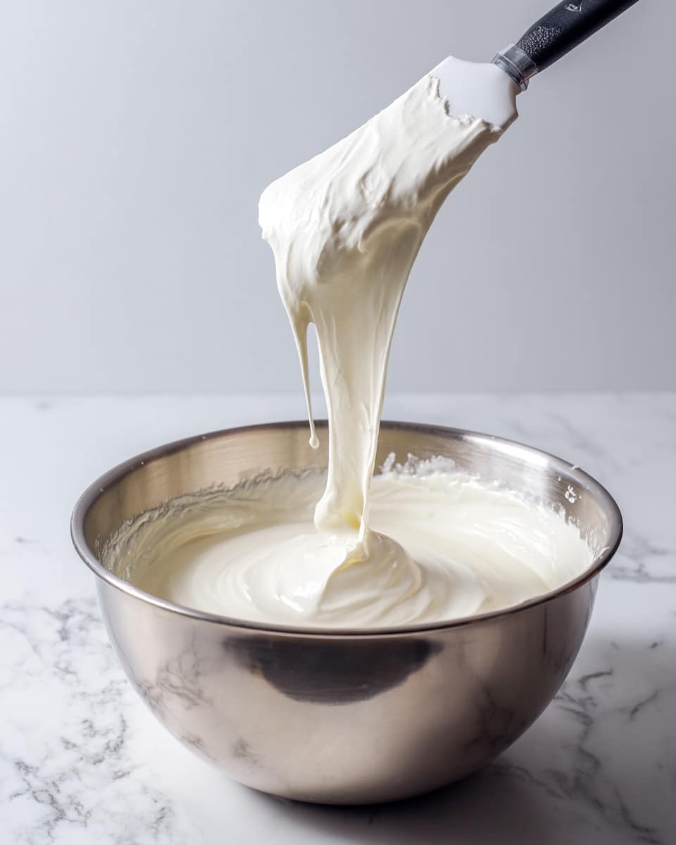 A shiny silver metal mixing bowl filled with a thick, smooth white cream. A white spatula with a black handle is lifting the cream, showing its stretchy and soft texture as it slowly falls back into the bowl. The bowl sits on a white marbled surface with a clean, bright background. Photo taken with an iphone --ar 4:5 --v 7