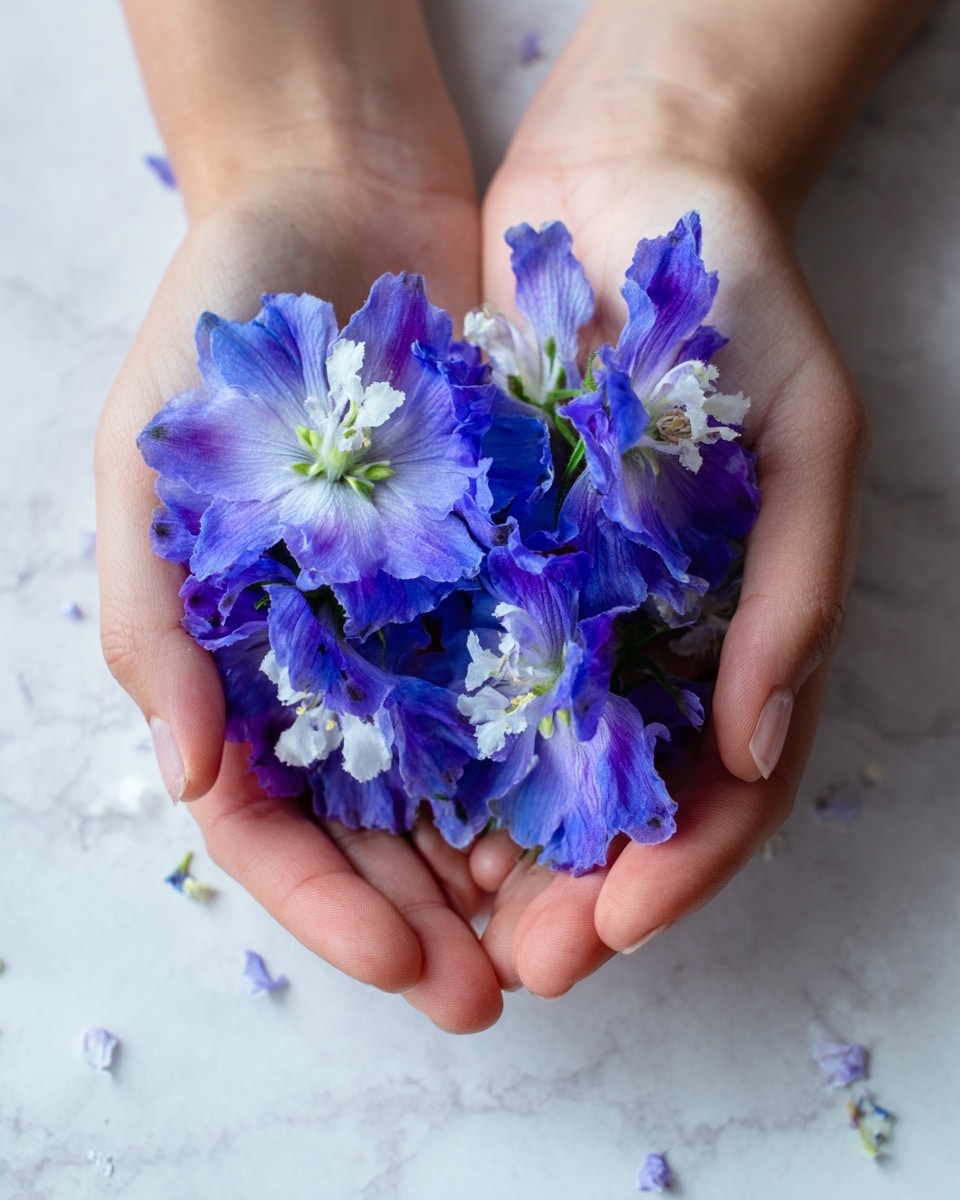 A pair of woman's hands gently cupping a bunch of bright blue and purple flowers with delicate white and green accents at their base, the petals soft and slightly ruffled. The background is a smooth white marbled texture that adds a clean, light contrast to the vivid colors of the flowers and the natural skin tone of the hands. photo taken with an iphone --ar 4:5 --v 7