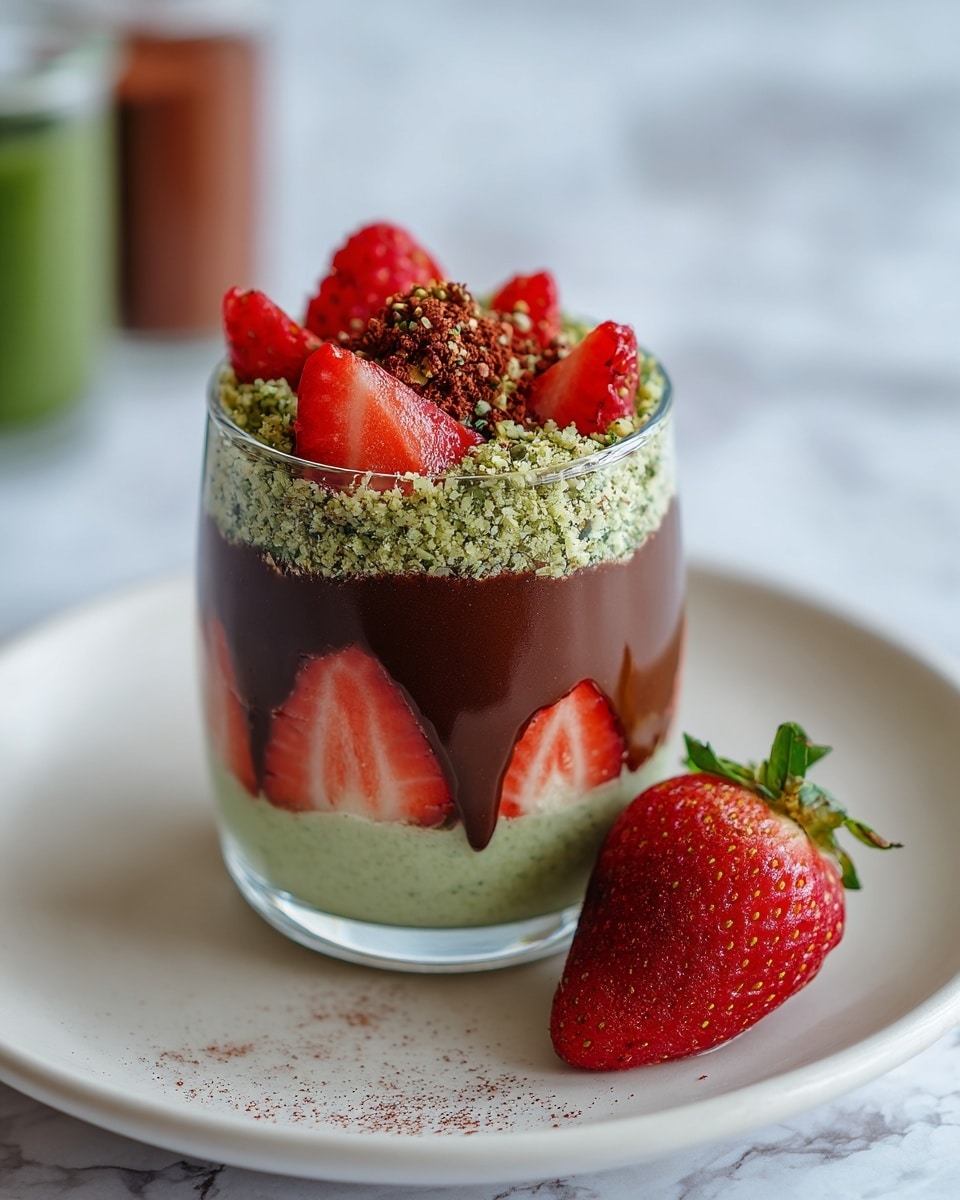 A clear glass filled with a three-layer dessert shows sliced red strawberries pressed against the inside walls. The bottom layer is dark brown and smooth, likely chocolate, which rises halfway and drips slightly along the glass. The middle layer is light green shredded bits mixed with finer green crumbs, covering the base of the strawberries inside and continuing as the top layer, which is thicker and crumbly. The glass sits on a white plate that holds a halved red strawberry with green leaves. The background has a white marbled texture with two blurred containers, one with green contents and the other brown and red. Photo taken with an iphone --ar 4:5 --v 7