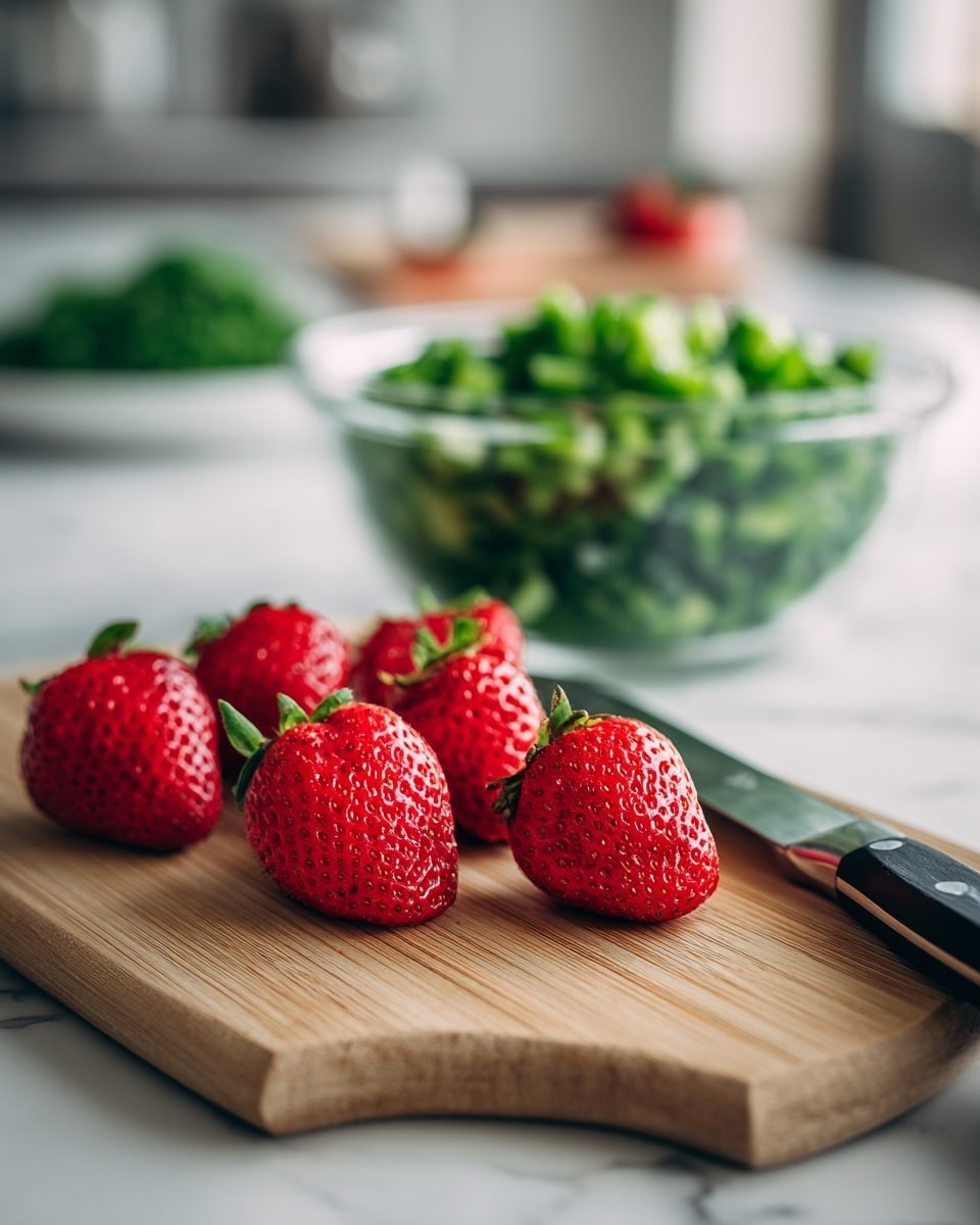 The image shows a wooden cutting board with six whole red strawberries placed in the foreground. To the right side of the strawberries, there is a kitchen knife with a black handle resting on the cutting board. In the background, slightly blurred, there is a clear glass bowl filled with chopped green vegetables on a white marbled surface. Photo taken with an iphone --ar 4:5 --v 7