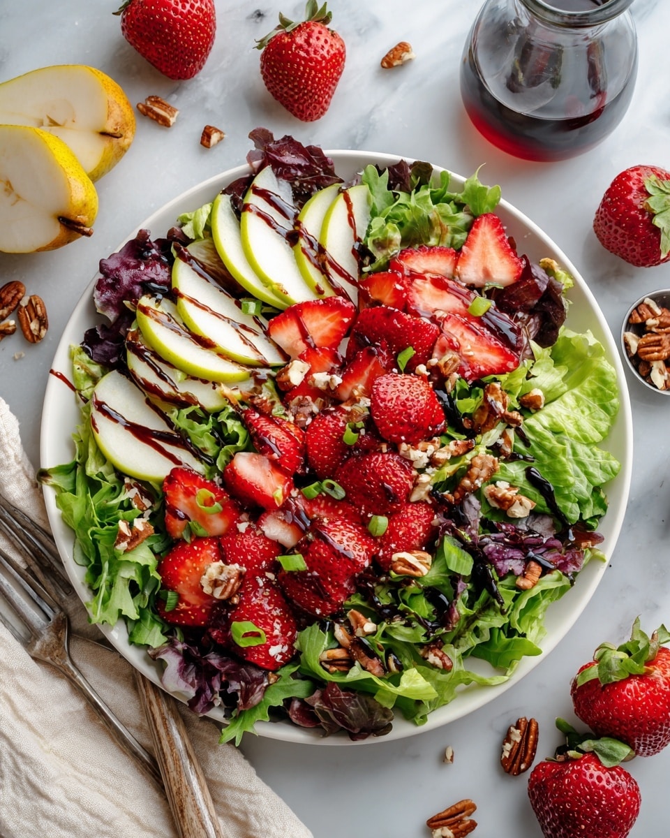 A large white plate holds a fresh salad with several layers: the bottom is a mix of green and purple leafy lettuce; on top are bright red strawberry slices and light green pear chunks spread evenly; scattered over the salad are chopped green onions and small brown pecans adding texture; the entire salad is drizzled with a dark balsamic glaze. Around the plate on a white marbled surface are whole strawberries and halved pears, along with some nuts and a clear glass bottle with dark liquid in the background. photo taken with an iphone --ar 4:5 --v 7