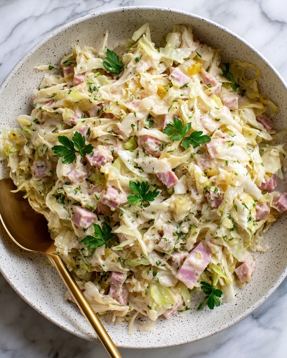 A close-up view of a creamy salad served in a white speckled bowl, filled with shredded pale green and white cabbage mixed with small pieces of light pink meat, likely ham, and small bits of yellow vegetables scattered throughout. The salad is creamy, with visible herbs sprinkled on top like dried parsley, adding green flecks over the salad. Small fresh green herb leaves are placed on top as garnish. A gold spoon is partially visible on the left side of the bowl. The bowl sits on a surface with a white marbled texture. Photo taken with an iphone --ar 4:5 --v 7