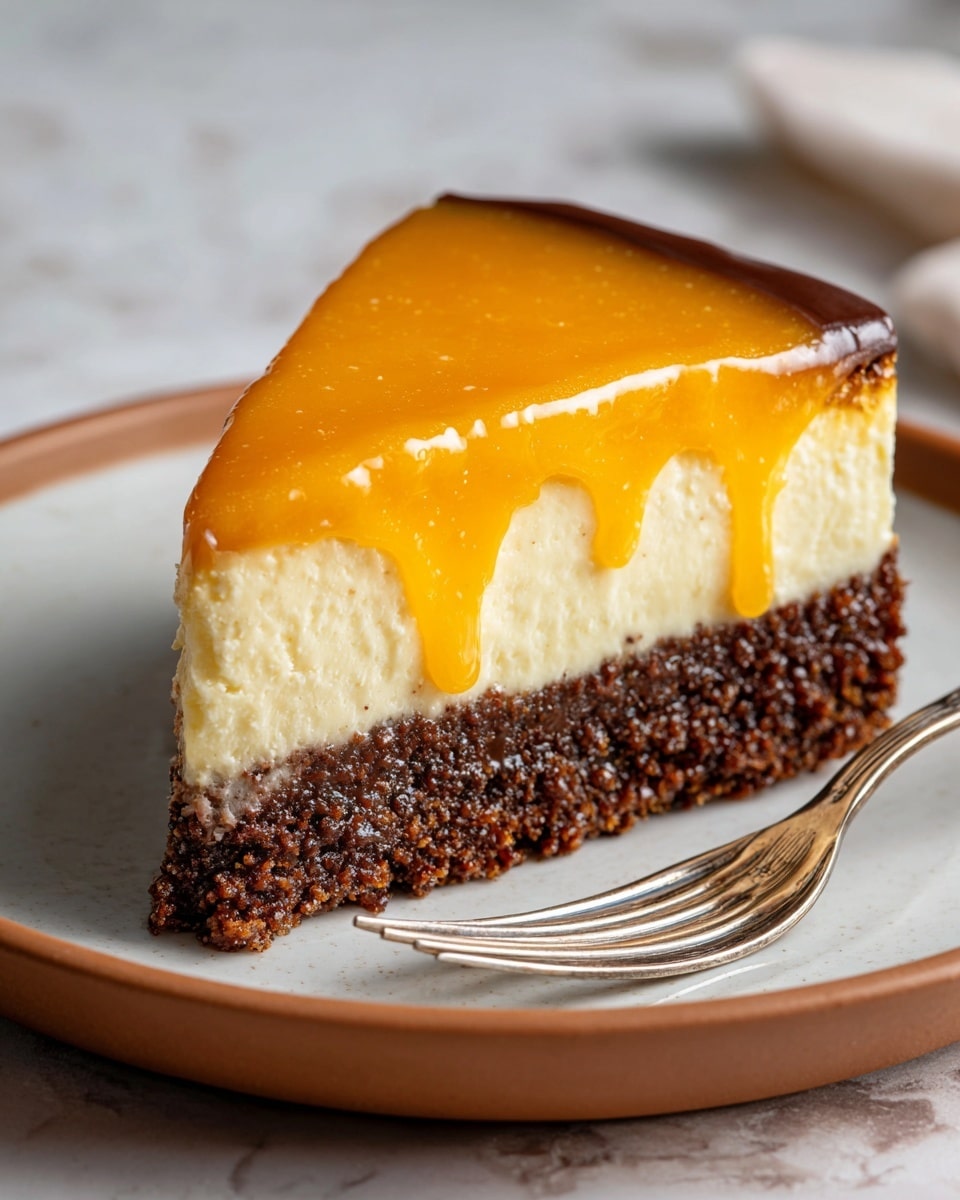A slice of pie with three clear layers sits on a white plate with a brown rim. The bottom layer is thick, crumbly, and dark brown, resembling a crust. The middle layer is cream-colored, smooth, and dense, likely a filling. The top layer is a glossy, bright orange sauce that evenly covers the slice, with a bit dripping down the side. The plate rests on a white marbled textured surface with a silver fork beside it. Photo taken with an iphone --ar 4:5 --v 7