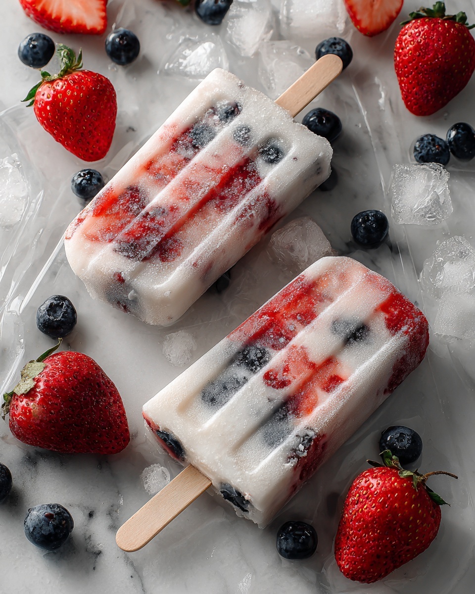 The image shows frozen bone-shaped treats that have two main layers: the base layer is creamy white, soft, and smooth, while the top layer is a mixture of red and dark purple frozen berries creating a textured and uneven surface. Each bone treat has visible chunks of berries inside the top layer. Around the treats, there are fresh whole blueberries and strawberries placed on a white marbled texture surface. The colors are bright and vivid with a fresh and cold feeling. photo taken with an iphone --ar 4:5 --v 7