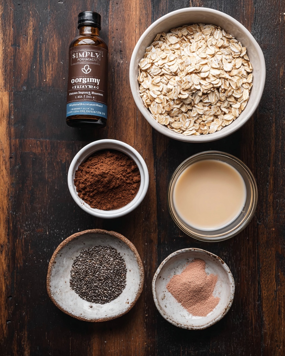The image shows five different ingredients arranged on a dark wooden surface. At the top right, there is a white bowl filled with light brown rolled oats. To the left of it, there is a small, white ramekin containing a pile of fine, dark brown cocoa powder. Below the oats, to the right, a clear glass bowl holds a creamy beige liquid. Below the cocoa powder, another white ramekin contains small, black chia seeds. At the bottom center, a small, rustic white dish holds two small piles of powder: one dark brown and one light pink. To the top left, a dark brown bottle labeled