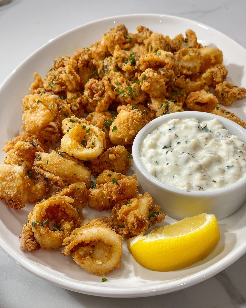 The image shows a white oval plate filled with golden-brown fried calamari pieces. The calamari has a crispy, textured coating with scattered green herbs sprinkled on top. On the right side of the plate, there is a small white bowl filled with creamy white dipping sauce mixed with small bits of green herbs. A bright yellow lemon wedge rests next to the bowl, adding a pop of color to the dish. The plate is placed on a white marbled surface. photo taken with an iphone --ar 4:5 --v 7