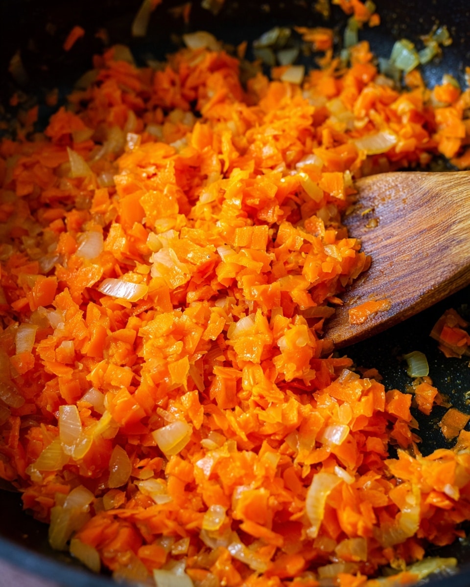 The image shows a close-up of a single layer of finely diced orange carrots and translucent cooked onions mixed together in a large black pot. The vegetables have a soft texture and some small bits of light brown, likely from cooking. A woman's hand is holding a wooden spoon on the right side, stirring the vegetables. The overall colors are warm and earthy, with the orange of the carrots being the main color and the onions adding lighter shades. The pot has a slightly worn look from use. The background is not clearly visible. photo taken with an iphone --ar 4:5 --v 7