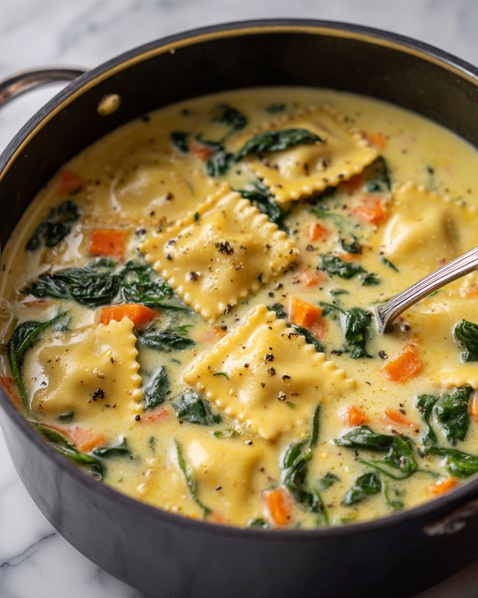 A white bowl filled with creamy soup having three visible layers: a base of light beige creamy broth with flecks of black pepper, scattered with small curly pasta shapes in pale yellow, small diced orange carrots, and bright green spinach leaves; a silver spoon is placed inside on the right side of the bowl, held by a woman's hand at the bottom right corner; fresh green parsley leaves are placed near the bowl on a white marbled surface, and a piece of light brown bread is partly visible on the top right. Photo taken with an iphone --ar 4:5 --v 7