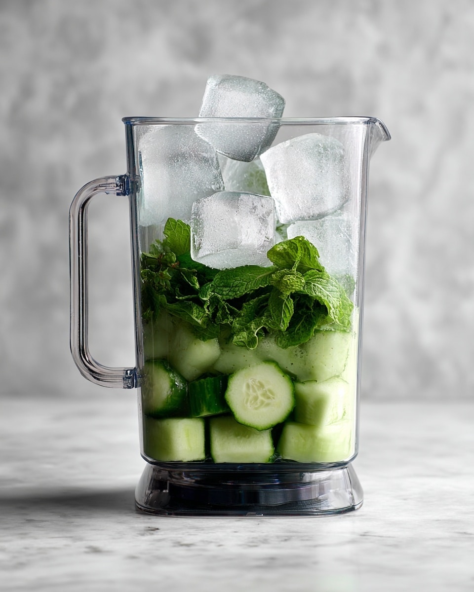 The image shows a clear blender jar filled with several layers: at the bottom, there are small green cucumber pieces, above them fresh bright green mint leaves are spread evenly, and on the top, large, clear ice cubes rest. The blender jar is placed on a base, all set against a white marbled texture background. Photo taken with an iphone --ar 4:5 --v 7
