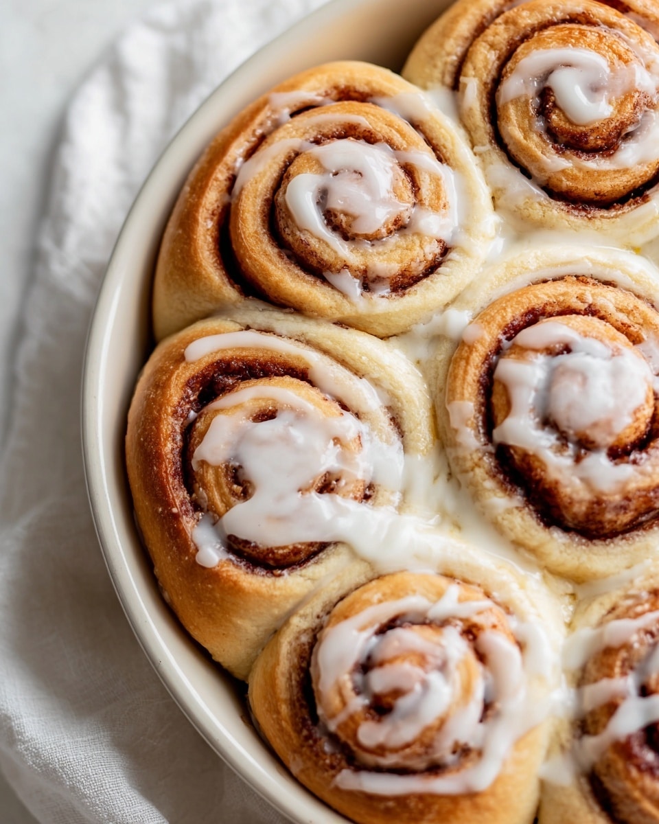 A close-up of seven soft cinnamon rolls arranged closely in a round white pan. Each roll shows layered spirals with a light beige dough base and dark brown cinnamon sugar swirl inside. Some rolls have a light layer of white icing drizzled on top, adding a creamy texture. The rolls look fluffy and slightly shiny from the icing, sitting on a smooth white marbled surface with a corner of light fabric visible. Photo taken with an iphone --ar 4:5 --v 7
