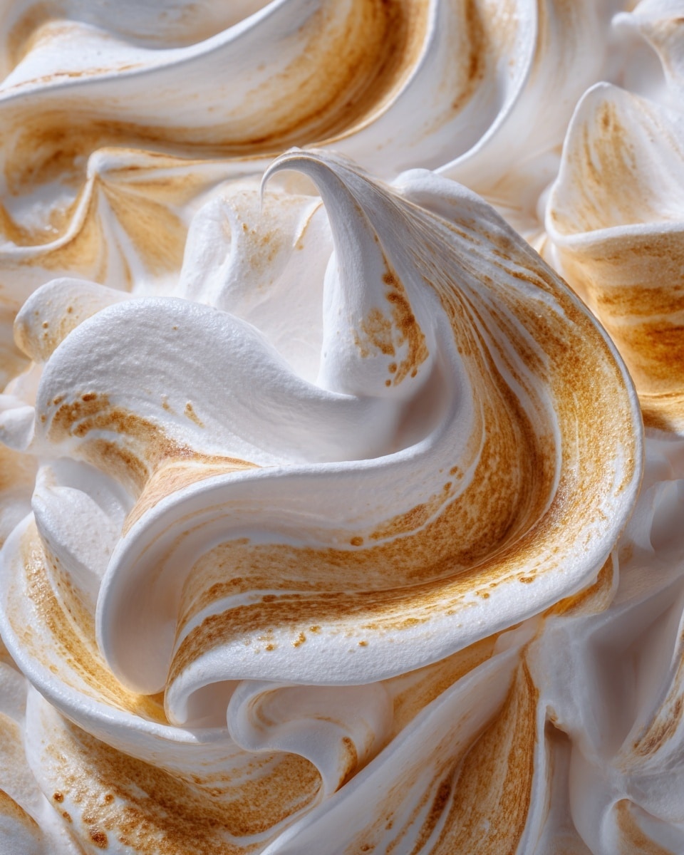 The image shows a close-up of swirled layers of white, fluffy meringue with golden brown toasted spots all over the surface. The meringue forms tight, wavy peaks and valleys with a mix of smooth and slightly rough textures. The focus captures the contrast between the bright white parts and the rich caramel-colored toasted areas, giving a sense of lightness and crunch. The background has a white marbled texture. photo taken with an iphone --ar 4:5 --v 7