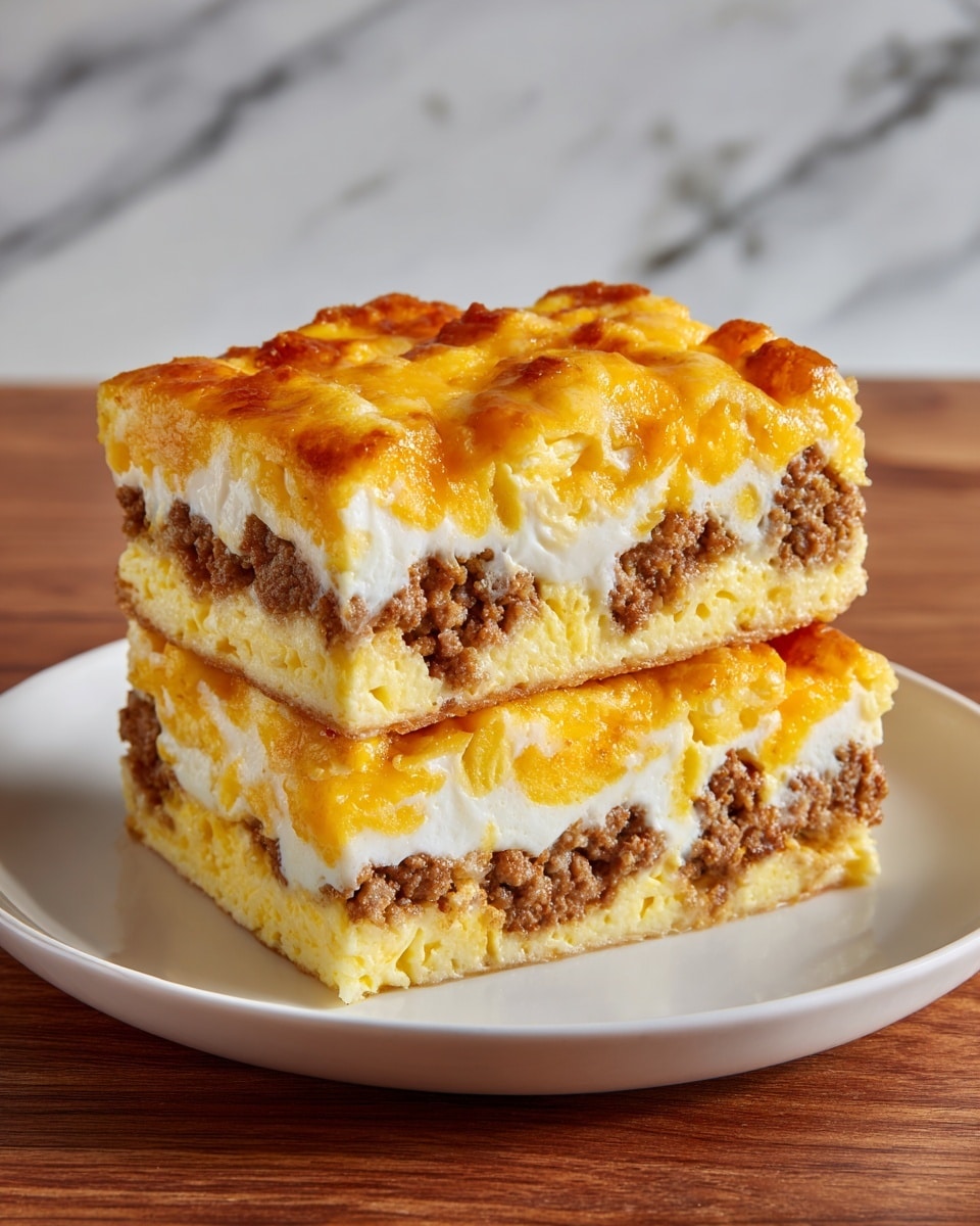 The image shows two thick, layered breakfast slices stacked on a white plate placed on a wooden surface with a white marbled background. Each slice has three main layers: a bottom layer of fluffy yellow eggs, a middle layer of cooked brown sausage crumbles, and a top layer of melted cheese in shades of orange and light yellow, with a slightly crisp, golden brown edge. The texture of each layer is distinct, with the eggs soft and airy, the sausage crumbly and seasoned, and the cheese smooth and slightly bubbly on top. Photo taken with an iphone --ar 4:5 --v 7