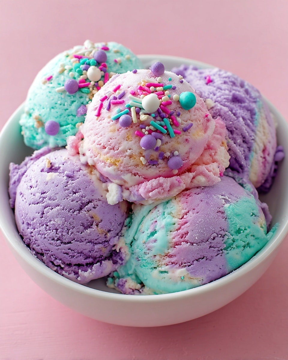 A white bowl filled with four scoops of pastel-colored ice cream, blending soft pink, light blue, and purple shades in a swirled pattern. The ice cream has a creamy texture with some melting around the edges. The top scoop is decorated with round and stick-shaped sprinkles in bright turquoise, pink, purple, and white colors. The bowl sits on a pink surface. photo taken with an iphone --ar 4:5 --v 7