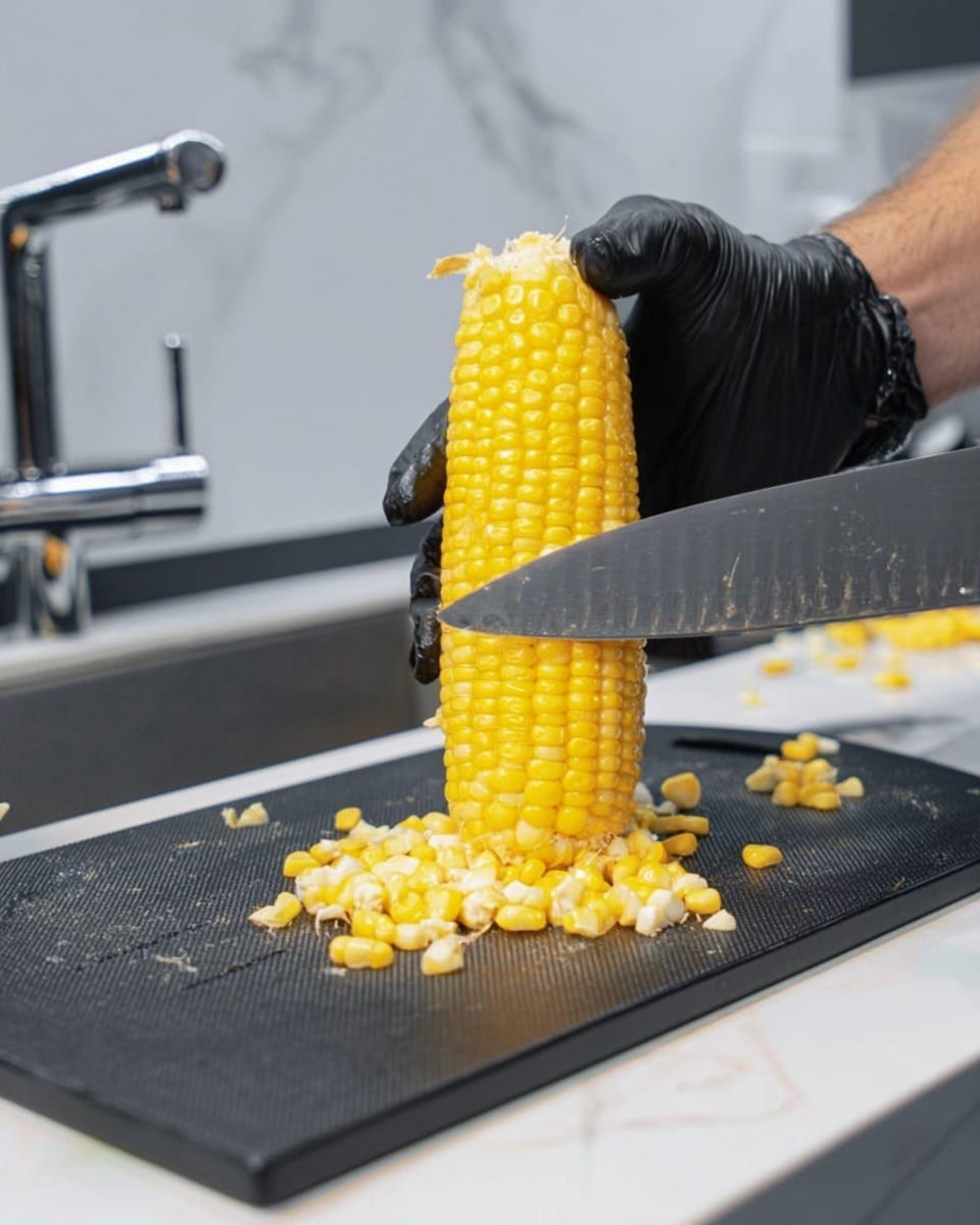 A close-up of a man's hand holding a large knife, slicing bright yellow corn kernels off a corn cob that is held upright by a woman's hand wearing a black glove. The corn cob is centered on a black cutting board with some loose kernels and small pieces scattered below it. The background shows a modern kitchen sink and faucet with a white marbled countertop. The image has a clean and bright look. photo taken with an iphone --ar 4:5 --v 7