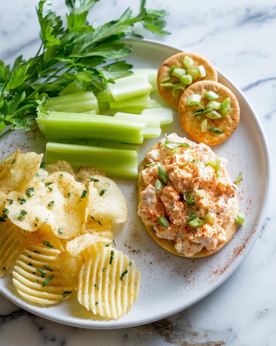 The dish shows a white plate with three main parts: at the bottom left are several ridged, pale yellow potato chips with a light sprinkle of green herbs; to the middle right, there are round, pale golden crackers topped with a dollop of creamy, pinkish-orange dip mixed with small green onion pieces; behind the crackers, there is a clump of celery sticks, light green and glossy, with more of the same dip spread on some of them and sprinkled with small green herbs and a light red powder. A small bunch of fresh green parsley lies next to the potato chips. The whole scene is set on a white marbled surface. photo taken with an iphone --ar 4:5 --v 7
