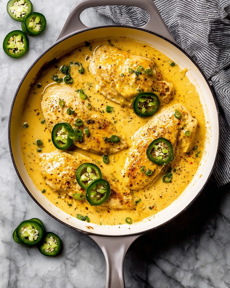 The image shows four cooked pieces of chicken in a round, white skillet. The chicken is covered in a thick, creamy yellow sauce with a smooth texture and some small bits in it. On top of the chicken and sauce, there are thin green slices of jalapeño peppers placed randomly. Around the skillet, on a white marbled surface, there are a few extra slices and whole pieces of jalapeño peppers. The skillet has a gray handle, and there is a striped cloth partially visible in the top right corner. photo taken with an iphone --ar 4:5 --v 7