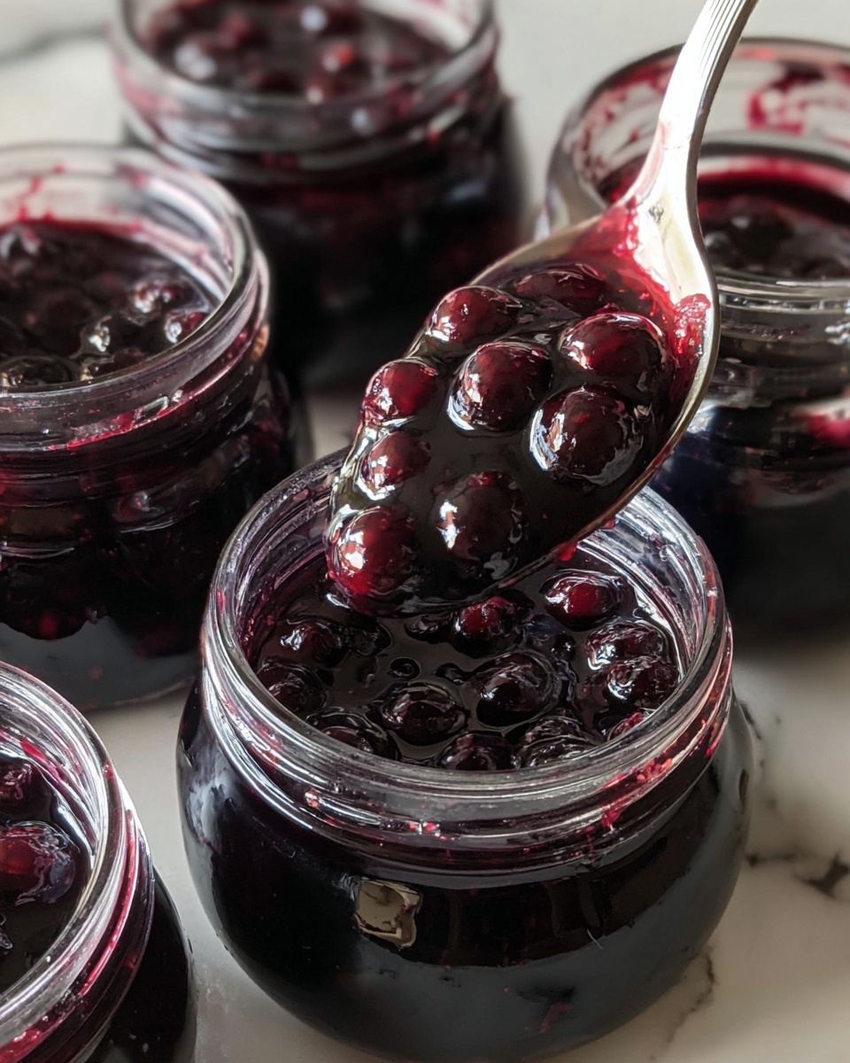 Several small glass jars filled with dark purple jam with visible whole berries inside are placed on a white marbled surface. One jar is open and a silver spoon scoops up thick jam showing a mix of smooth, shiny liquid and round textured berries. The jam looks glossy and rich in deep purple and red shades. The jars are closely grouped, some fully filled, showing a rich, dark purple color against the clear glass. Photo taken with an iphone --ar 4:5 --v 7