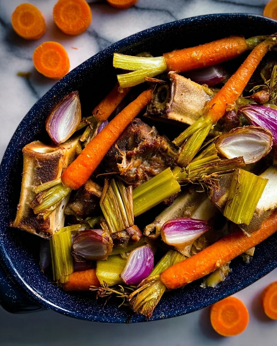 The image shows a dark blue speckled oval dish filled with roasted bones and vegetables. The bones are light brown and scattered unevenly across the dish. There are thick slices of bright orange carrots, light green celery sticks, and round purple onion slices with white centers mixed between the bones. The dish is placed on a white marbled surface with a few extra pieces of carrot and celery around it. The lighting highlights the texture of the roasted ingredients, giving a warm and rustic feel. photo taken with an iphone --ar 4:5 --v 7