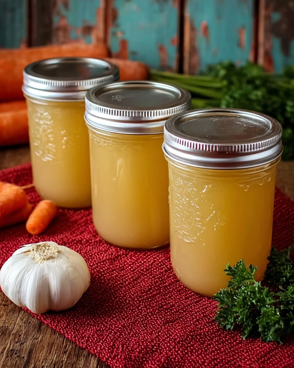 The image shows three glass jars filled with light yellow broth, each sealed with silver metal lids and arranged closely together on a red textured cloth. To the left of the jars, there is a large whole white garlic bulb and some cut orange carrots lying on the cloth. On the right side, some green parsley leaves peek in from the edge. The background features a worn wooden surface with faded blue paint, and the scene is warmly lit. Photo taken with an iphone --ar 4:5 --v 7