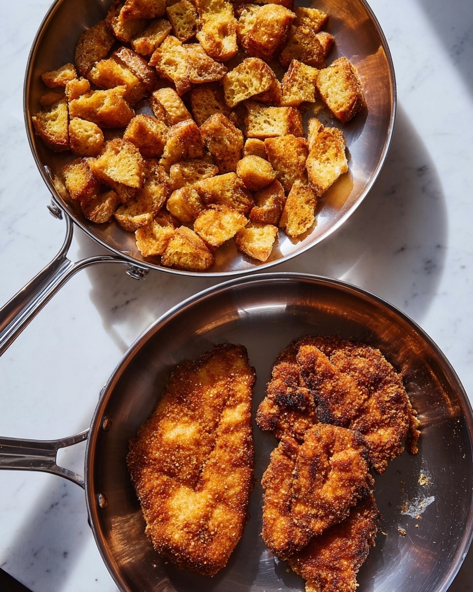 Two pans sit on a white marbled surface, each filled with golden brown food. The top pan holds many small, crispy bread pieces that are uneven in shape and toasted to a golden and slightly darker brown color, showing a crunchy texture. The bottom pan contains two large, breaded pieces of fried food, with a rough and crispy coating that is dark golden brown on the edges and lighter golden in the middle. Both pans have shiny silver handles reflecting light. The light brightens the textures and colors, making the food look hot and freshly cooked photo taken with an iphone --ar 4:5 --v 7