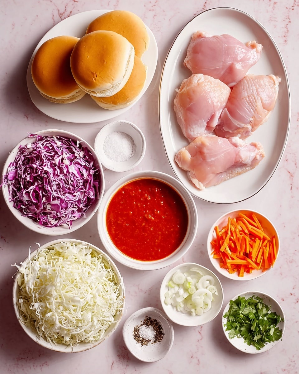 The image shows raw chicken pieces placed on a white oval plate on the right side. To the left are two golden brown sandwich buns stacked next to small white bowls of white mayonnaise and salt with black pepper. Below them is a white bowl filled with bright red tomato sauce. A larger white bowl near the bottom left contains shredded white and purple cabbage, while a smaller white bowl next to it holds thin orange carrot sticks. There are also small white dishes with chopped white onions and fresh green herbs scattered around. The whole setup is on a surface with a white marbled texture. Photo taken with an iphone --ar 4:5 --v 7