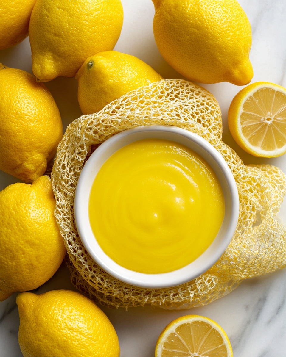 A white round bowl filled with bright yellow lemon curd that has a smooth and creamy texture is placed near the center on a white marbled surface. Surrounding the bowl are fresh, whole lemons with a shiny, bumpy skin, some inside a yellow mesh bag, and two lemon halves showing the juicy, pale yellow flesh inside. The colors are vivid with the rich yellow of the lemons and curd contrasting with the white bowl and light marbled background. Photo taken with an iphone --ar 4:5 --v 7