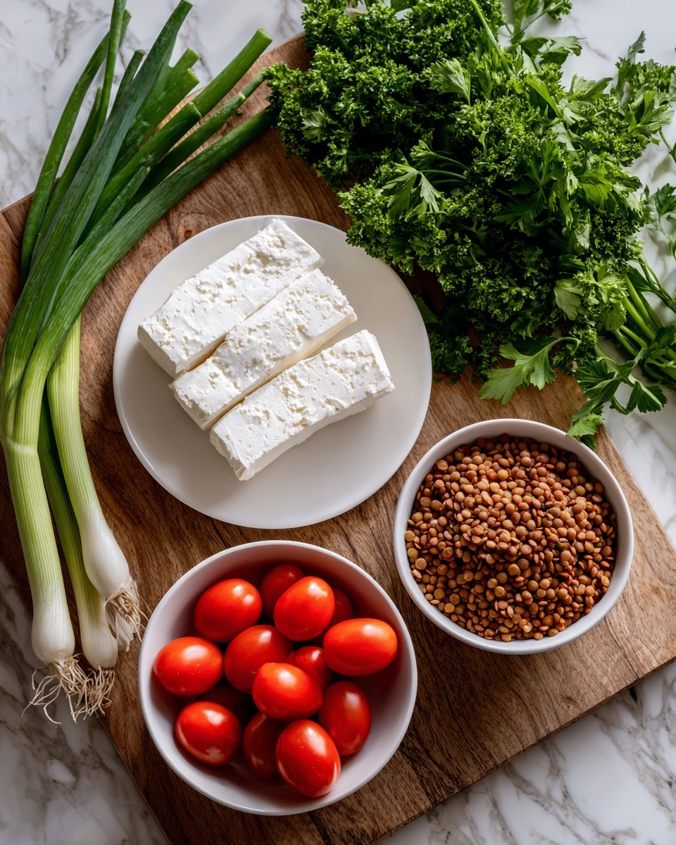 The image shows a wooden table with fresh ingredients arranged on it. There is a white plate holding two thick blocks of soft white cheese with a crumbly texture near the center left. To the top right of the cheese plate, a white bowl is filled with bright red, shiny grape tomatoes. Below the cheese plate, another white bowl is full of cooked brown lentils, packed tightly together, showing a moist, round texture. On the left side, there are a few long green spring onions with dark and light green stalks and white bulbs. On the right side of the image, there is a bunch of fresh, curly bright green parsley with leafy texture sprawling across the table. The background is a white marbled surface. Photo taken with an iphone --ar 4:5 --v 7