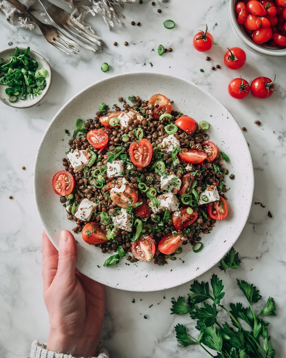 A white plate holds a fresh lentil salad made of three main layers: small dark green lentils forming the base, mixed with bright red cherry tomato halves and chunks of white cheese scattered evenly on top. Chopped green herbs and thin slices of green onion add more color and texture throughout the dish. Around the plate, vibrant green parsley sprigs garnish the salad. In the background on a white marbled surface, there are white bowls filled with whole cherry tomatoes, green herbs, and lentils, adding depth to the scene. A woman's hand holds the edge of the plate gently. Photo taken with an iphone --ar 4:5 --v 7
