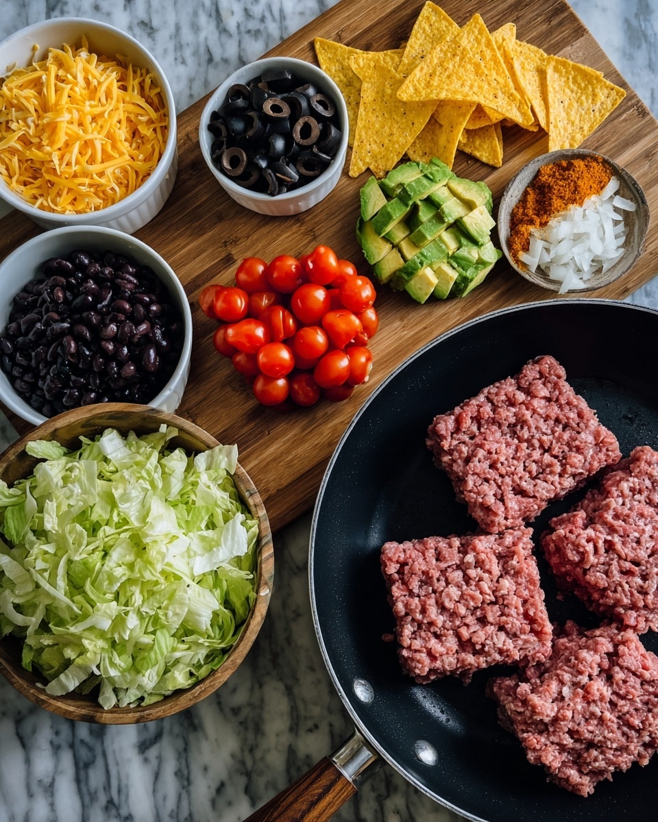 The image shows two parts: on the left, there is a wooden surface with small white bowls filled with different taco ingredients, including black olives (dark and shiny), black beans (matte black), shredded yellow cheese (bright yellow), cherry tomatoes (red and shiny), chopped iceberg lettuce (light green), avocado (green), raw ground meat (pinkish brown shaped like a heart), and crunchy yellow tortilla chips. On the right, a black frying pan sits on a white marbled surface. Inside the pan are two blocks of raw ground meat with loose chopped onions (white) on the right side and a heap of orange seasoning powder on top of the meat. photo taken with an iphone --ar 4:5 --v 7