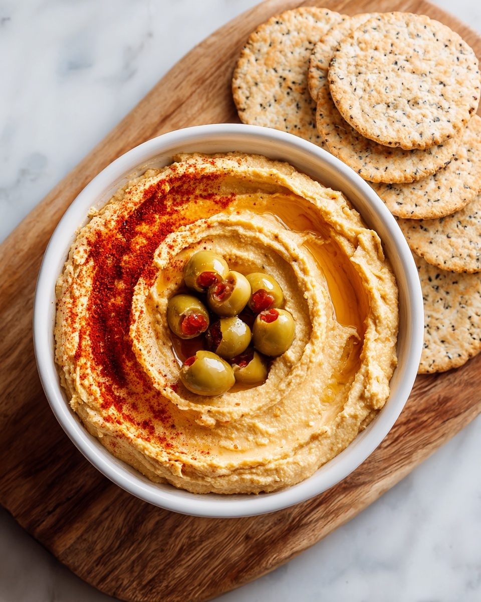 A white bowl filled with a creamy, light brown hummus that has a smooth yet slightly textured surface, swirled into a shallow spiral. On top, there is a dusting of red paprika on one side and a small pile of green olives stuffed with red pimento placed in the center. The bowl sits on a wooden board, with several round, speckled crackers positioned behind it in a loose pile. The whole setup is placed on a white marbled surface. photo taken with an iphone --ar 4:5 --v 7