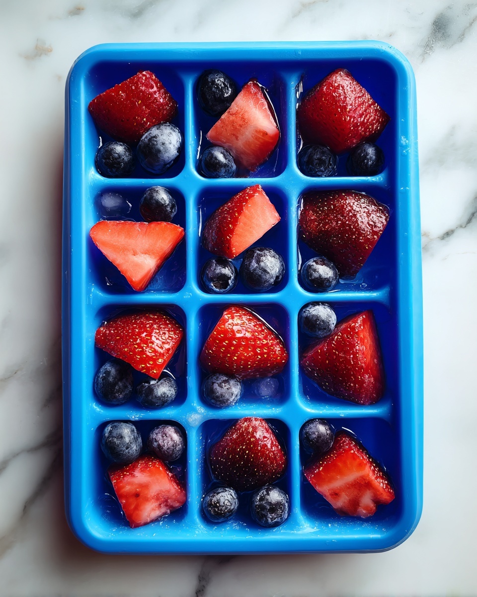 The image shows a blue ice cube tray filled with small pieces of red strawberries and whole dark blue blueberries arranged evenly in each of the eleven compartments. The tray is placed on a white marbled surface, and the bright red and dark blue colors of the fruit contrast clearly with the blue of the tray. The fruits have a fresh and juicy texture. Photo taken with an iphone --ar 4:5 --v 7