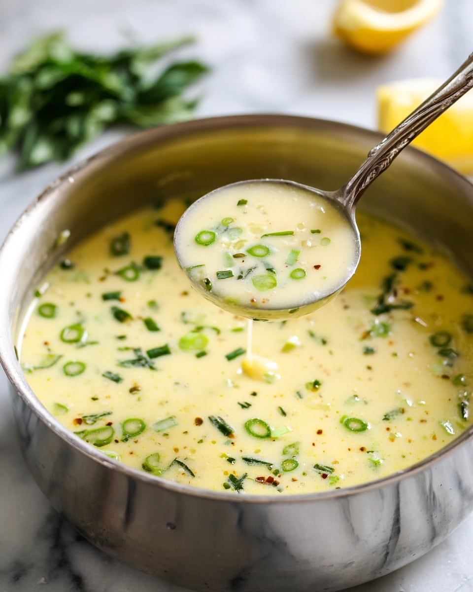 A close-up view of a thick, creamy soup in a round silver pot, with a silver ladle lifting some soup from the pot. The soup is pale yellow with small green ring-shaped pieces, likely sliced green onions, scattered throughout. There are also tiny black and brown specks spread evenly in the soup, creating a speckled texture. The pot is placed on a white marbled surface with some green leafy herbs and a cut yellow lemon partially visible at the side. Photo taken with an iphone --ar 4:5 --v 7