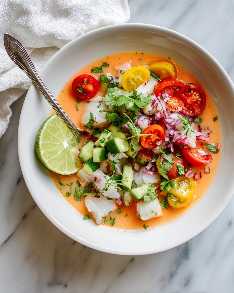 In a white bowl placed on a white marbled surface, there is a colorful salad with three main layers mixed together: small chunks of white fish, bright red halved cherry tomatoes, and green cucumber pieces with skin on. Thin slices of purple onion are scattered evenly throughout the salad, along with chopped fresh green herbs adding specks of color. The textures vary from soft fish pieces to crunchy vegetables. A woman's hand holds a large silver spoon above the bowl, about to serve the salad. photo taken with an iphone --ar 4:5 --v 7