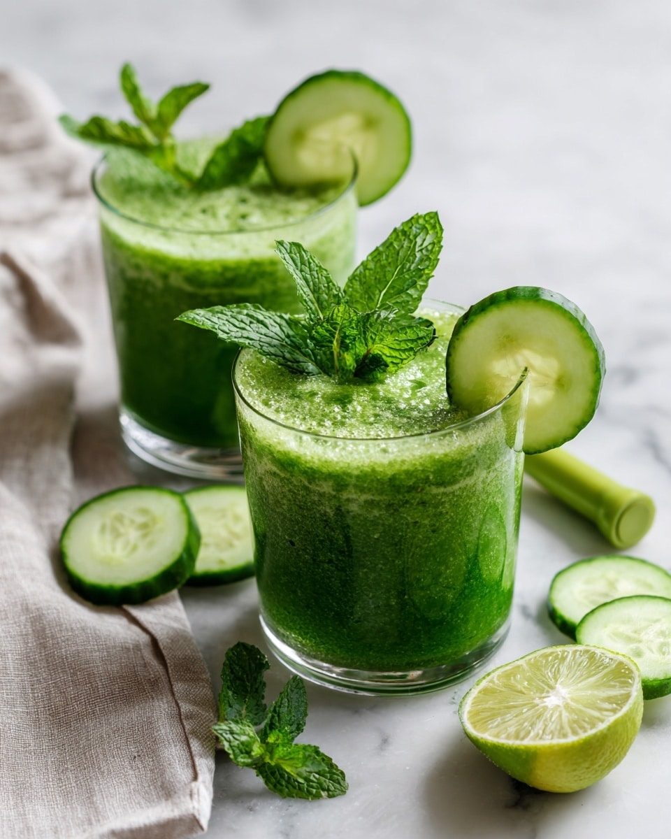 Two clear glasses are filled with a thick, bright green smoothie that has a slightly frothy texture on top. Each glass is decorated with a fresh sprig of bright green mint leaves standing upright in the center, and a thin slice of dark green cucumber placed on the rim halfway inside the smoothie. Around the glasses on a white marbled surface, there are extra mint leaves scattered and several cucumber slices. On the top left, there is a cut lime showing its light green inside, and on the right, a white cloth and a bright green lime squeezer add extra color to the scene. Photo taken with an iphone --ar 4:5 --v 7