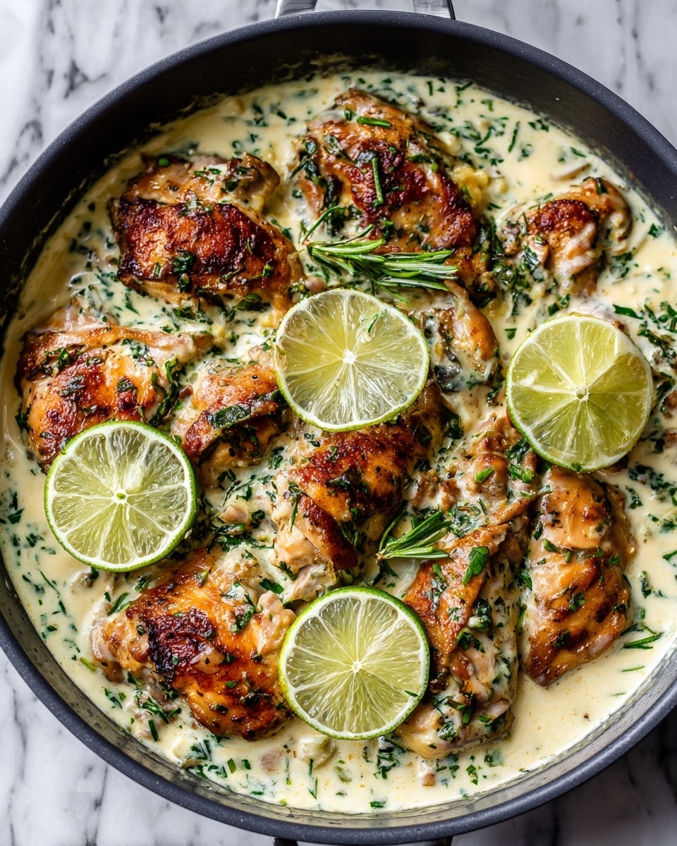 The image shows golden-brown cooked pieces of chicken layered in a white creamy sauce. The sauce is thick and smooth, covering most of the chicken and pooling around the edges. Bright green chopped herbs are sprinkled generously over the dish, adding fresh color contrast. Thin slices of lime are placed on top of the chicken, highlighting bright green and translucent pale yellow colors. The dish is in a dark pan, sitting on a white marbled surface. photo taken with an iphone --ar 4:5 --v 7