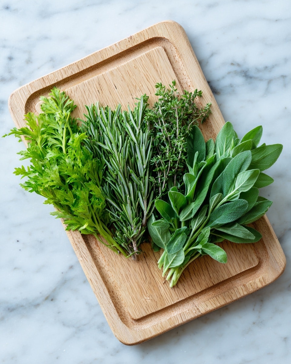 The image shows a light wooden cutting board sitting on a white marbled surface. On the cutting board, there are two distinct bunches of fresh green herbs placed side by side. The bunch on the left has a slightly lighter green color with delicate, feathery leaves, while the bunch on the right is a deeper green with broader, more prominent leaves. The cutting board has a simple groove around its edge, framing the herbs neatly. photo taken with an iphone --ar 4:5 --v 7