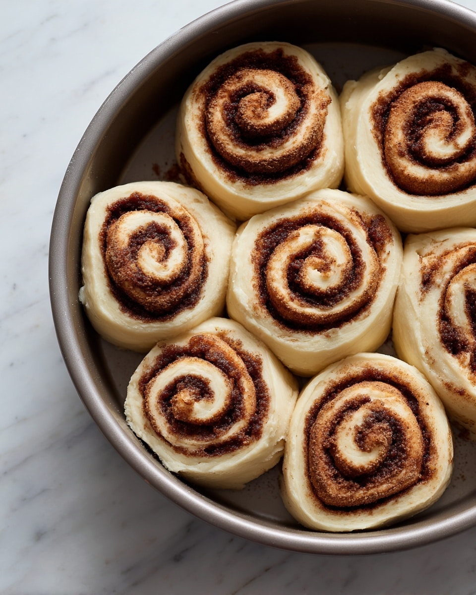 A round grey baking pan holds eight uncooked cinnamon rolls arranged loosely, each roll showing two main layers: a soft light beige dough layer spiraled around a dark brown cinnamon sugar filling, with the swirls neatly visible from top view. The dough looks smooth and slightly fluffy, while the cinnamon layer has a grainy texture. The rolls are set against a simple white marbled surface background. photo taken with an iphone --ar 4:5 --v 7