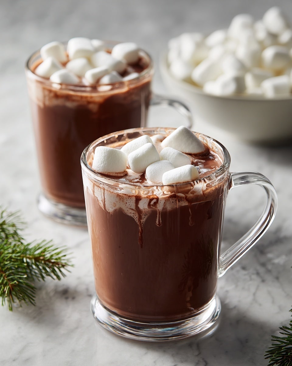 Two clear glass mugs filled with rich brown hot chocolate topped with several white marshmallows, some melting slightly on the edges, creating a soft drippy texture. Each mug has a clear curved handle and sits on a white marbled surface. In the background, there is a bowl filled with more marshmallows, blurred out, and a small sprig of green pine lies on the surface near the front mug, adding a touch of holiday feeling. The lighting is soft and warm, highlighting the smoothness of the hot chocolate and the fluffiness of the marshmallows. photo taken with an iphone --ar 4:5 --v 7
