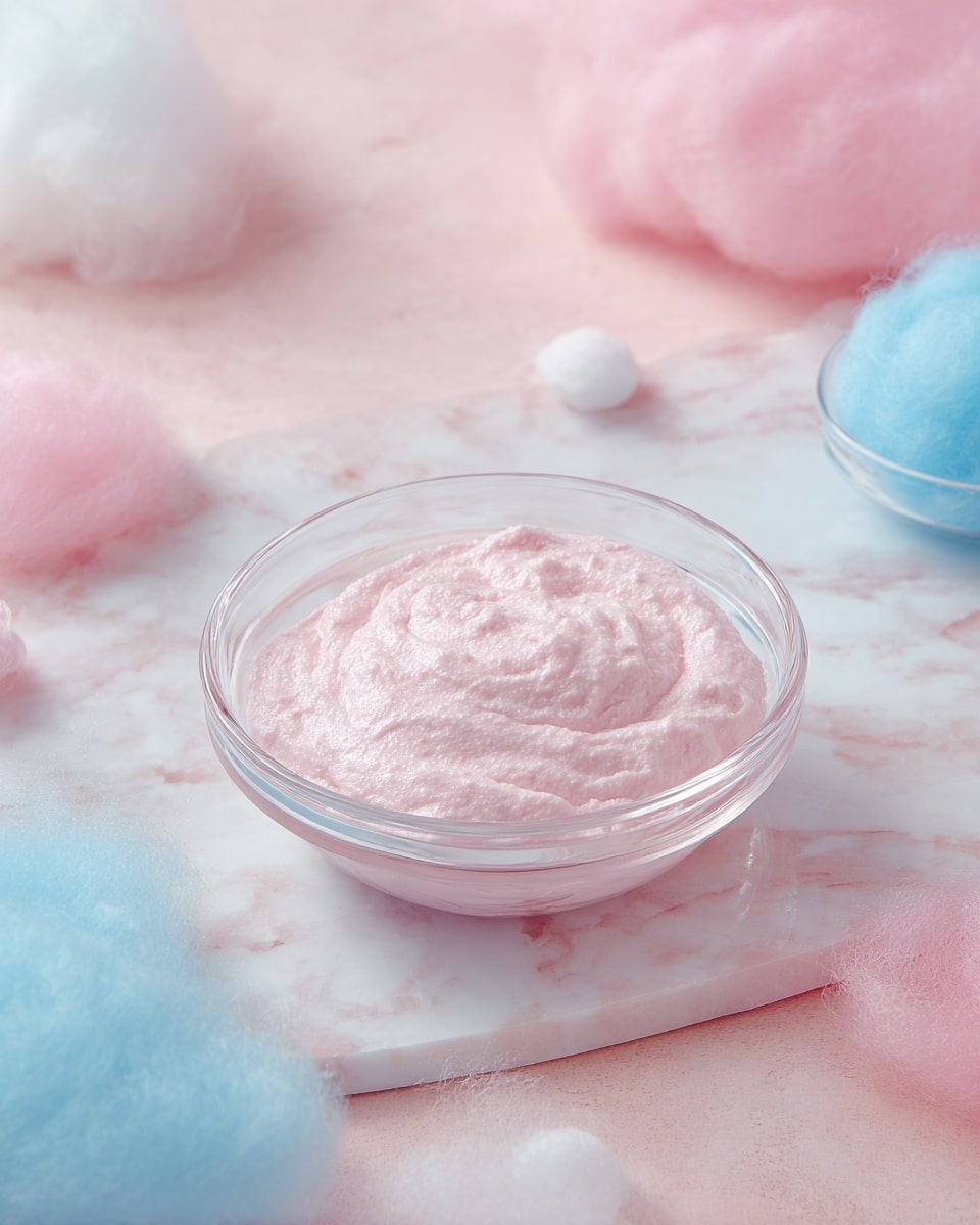 The image shows a clear glass bowl sitting on a white marbled surface with a smooth light pink whipped mixture inside. Around the bowl are small containers of pink, blue, and white fluffy cotton candy, soft and airy in texture. The background is a soft pink color that blends well with the pink mixture. The scene looks soft and light with a delicate, sweet feeling. photo taken with an iphone --ar 4:5 --v 7