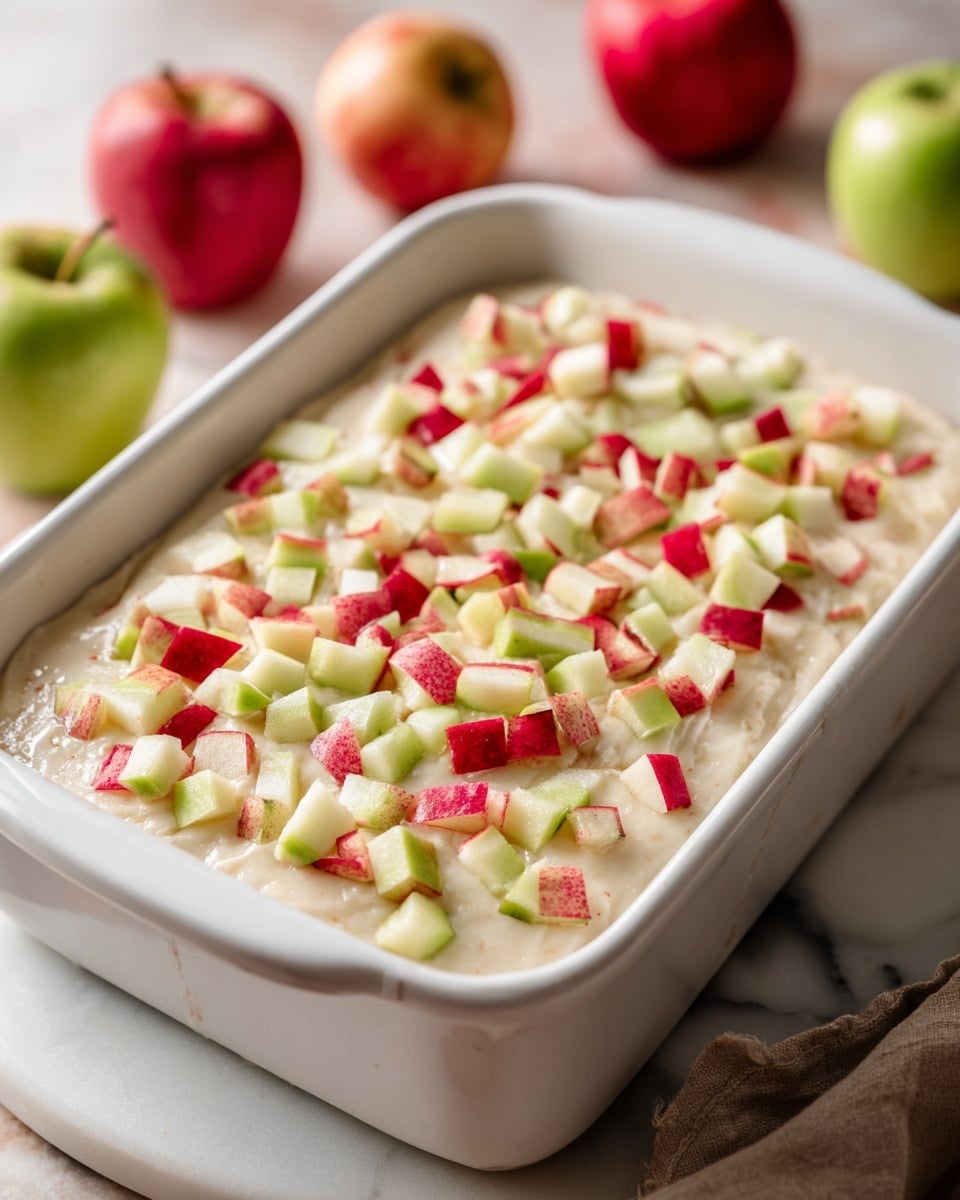 A white rectangular dish is filled with a base layer that is light beige and smooth, likely a creamy or doughy texture. On top, there is a thick layer of small apple pieces scattered evenly, showing a mix of green and red skin with white flesh inside. The apples are cut into small cubes, adding a fresh and colorful touch to the dish. The dish is set on a white marbled surface with some red and green apples visible around it, and there is a soft focus background that hints at a cozy setting. Photo taken with an iphone --ar 4:5 --v 7
