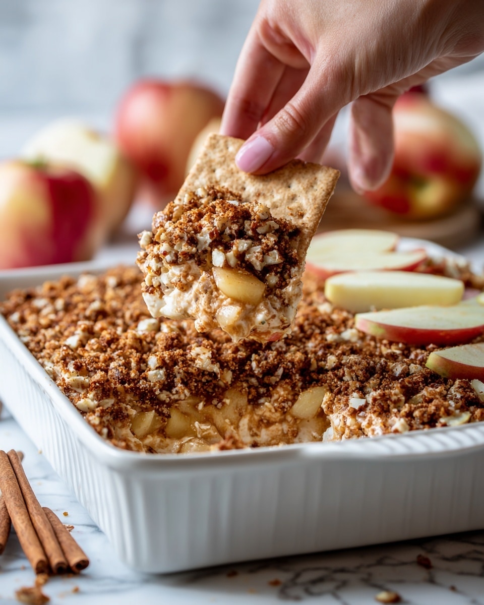 A white rectangular dish filled with a layered dip featuring chunks of red and green apple mixed with a crumbly, brown nut and spice topping. The topping has a rough, crunchy texture with visible pieces of pecans and bits of apple, and the dip underneath shows a creamy, light brown mixture. A woman’s hand holds a graham cracker square dipped in the mixture, lifting it up close to the camera. The background has slices of apple and cinnamon sticks resting on a white marbled surface. Photo taken with an iphone --ar 4:5 --v 7
