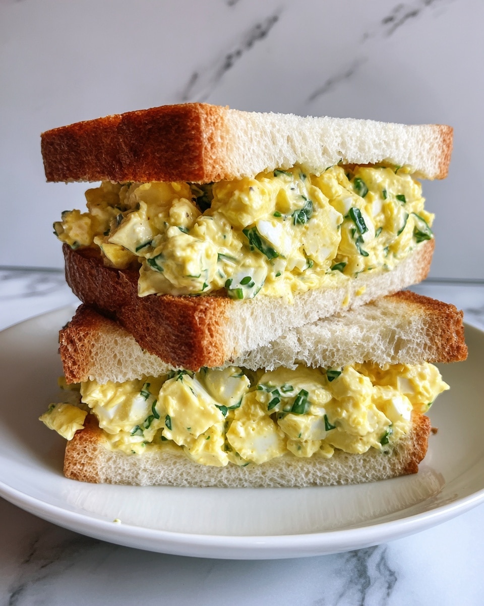 The image shows two egg salad sandwiches stacked one on top of the other on a white plate. Each sandwich has two lightly toasted slices of white bread with a golden-brown crust. Between the bread layers is a thick, creamy yellow egg salad mixed with small green bits of herbs. The sandwiches sit on a white marbled surface. Photo taken with an iphone --ar 4:5 --v 7