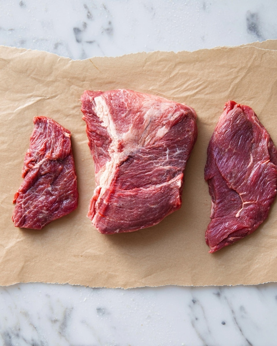 Three raw pieces of red meat are placed on a light brown parchment paper, which lies on a white marbled surface. The largest piece is in the middle, showing a mix of red muscle and white fatty areas with a smooth texture. On each side of the larger piece, there are two smaller, flatter cuts of deep red meat with slight marbling and some texture lines. The arrangement is simple and clean. photo taken with an iphone --ar 4:5 --v 7