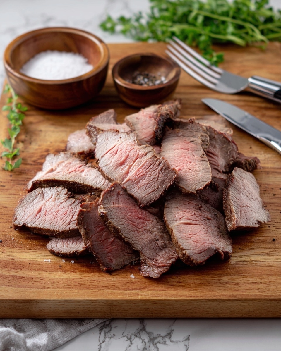 The image shows a wooden cutting board filled with several slices of cooked beef arranged in a loose pile. The beef slices have a brown outer edge with a pink center, showing a medium-cooked texture. To the left of the meat, there are two small wooden bowls—one filled with salt and the other with black pepper. In the background, near the top right, there is a silver fork and a knife with a black handle on a white marbled surface. Fresh green herbs are scattered near the knife, adding a touch of color to the scene. Photo taken with an iphone --ar 4:5 --v 7